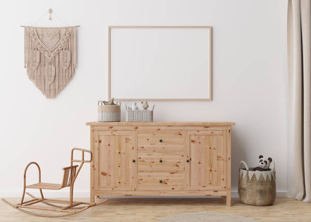 istock Empty horizontal picture frame on white wall in modern child room. Mock up interior in scandinavian, boho style. Free, copy space for picture. Rattan basket, macrame. Cozy room for kids. 3D rendering. 1396510290