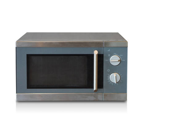 istock front view old grey and silver microwave oven on white background, decor, technology, fashion, copy space 1396510442
