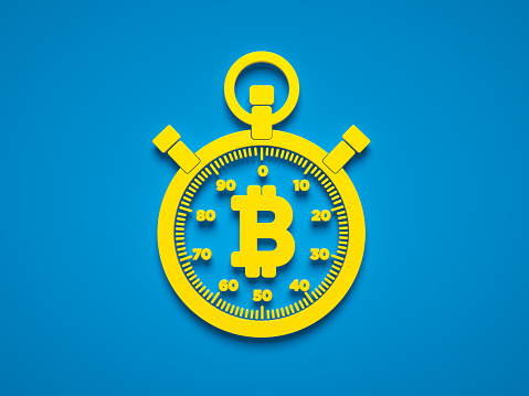 Yellow color bitcoin symbol and stopwatch icon. On blue color background. Horizontal composition. Isolated with clipping path.