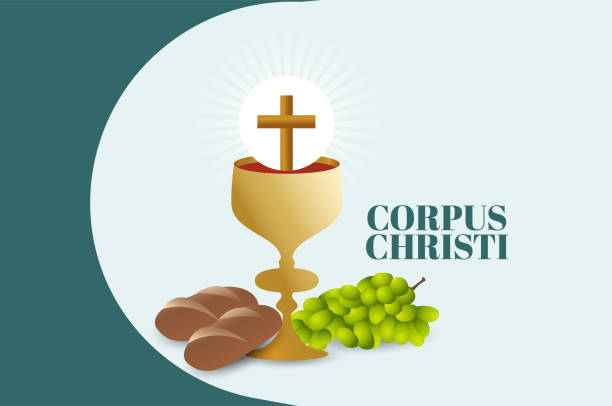 ilustraciones, imágenes clip art, dibujos animados e iconos de stock de taza de copa con vino tinto, pan. fiesta del corpus christi. ilustración vectorial de stock - corpus christi celebration