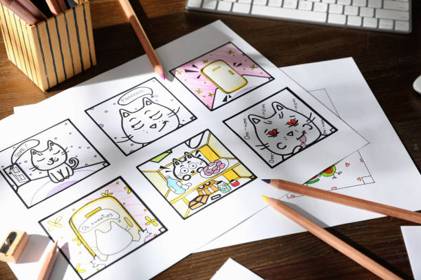 Storyboard with cartoon sketches at workplace. Pre-production process Storyboard with cartoon sketches at workplace. Pre-production process word processing stock pictures, royalty-free photos & images