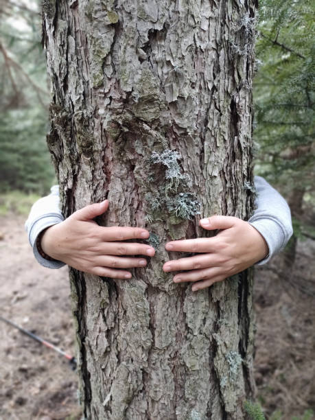 istock RELAXED WOMAN HUGGING A TREE IN A FOREST 1396513787