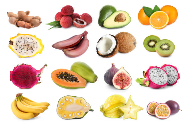 istock Set with different tasty exotic fruits on white background 1396514588