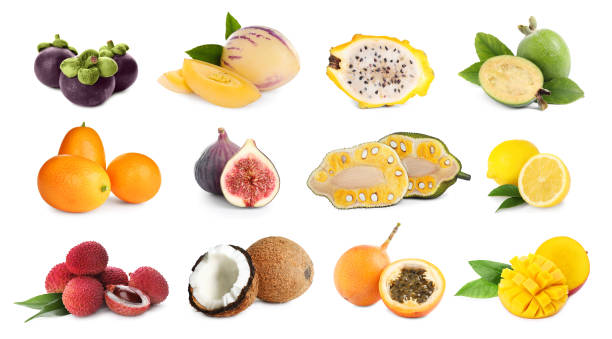 istock Set with different tasty exotic fruits on white background 1396514597
