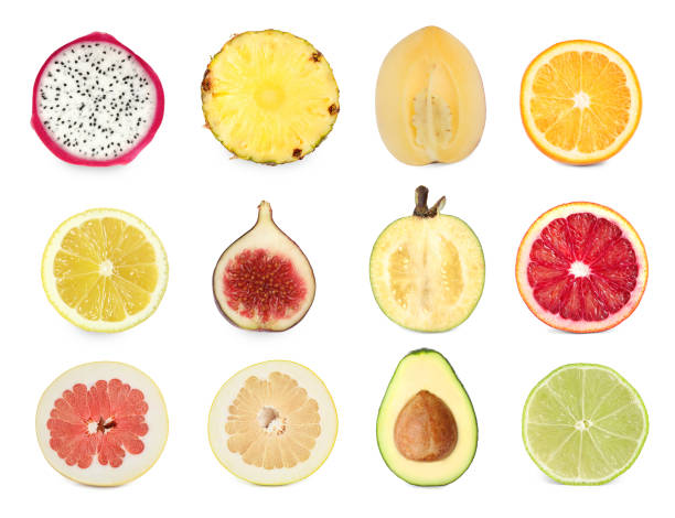 istock Set with different tasty exotic fruits on white background 1396514606