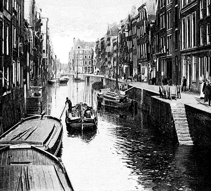 A canal at Delfshaven in Rotterdam, Netherlands. Vintage halftone etching circa 19th century.