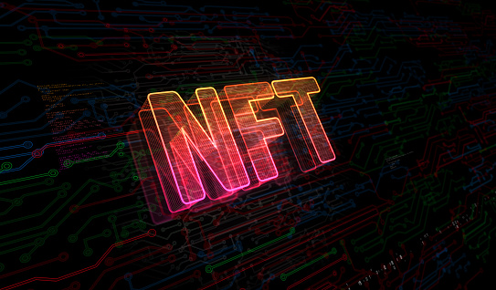 NFT Non-Fungible Token and digital collectibles symbol digital concept. Network, cyber technology and computer background abstract 3d illustration.