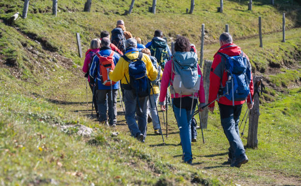 istock Group Of Hikers Walking On Grassy Hill 1396518004
