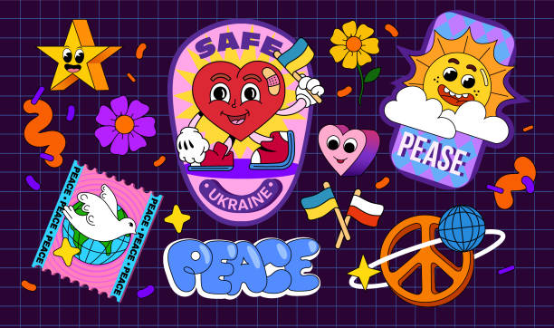 Peace day stickers Stickers in support of peace with the Ukrainian flag on the heart. Stickers with peace sign and dove on a background of geometric pattern in the style of cartoon 90s ukraine war stock illustrations