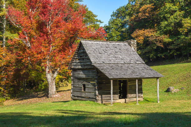 Rustic log cabin, autumn in the mountains