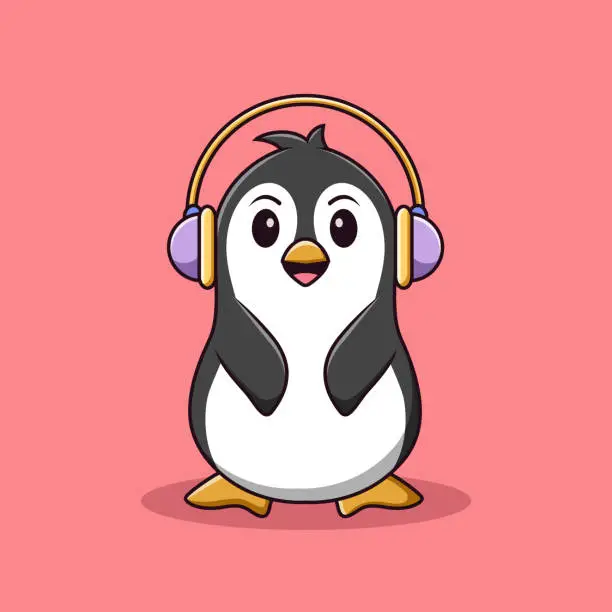 Vector illustration of Cute penguin cartoon listening to music, Cartoon penguin with headphones in summer holiday, Vector cartoon illustration