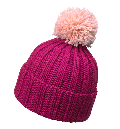 Magenta winter wool cap with light blue pom poms, isolated on white