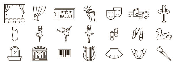 illustrazioni stock, clip art, cartoni animati e icone di tendenza di set di icone della linea di balletto teatrale - danza-moderna