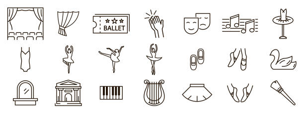 ilustrações, clipart, desenhos animados e ícones de cenário de ícone da linha de balé de teatro - 5611
