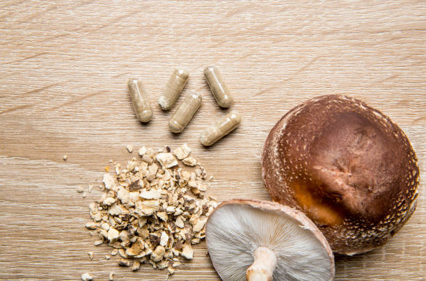 Shiitake Lentinus edoides mushroom supplement capsules with fresh Shiitake mushrooms and powdered on brown minimal background. Flat lay view, room for text.