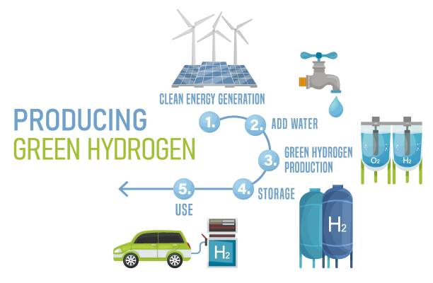 illustrazioni stock, clip art, cartoni animati e icone di tendenza di produrre idrogeno verde in cinque fasi. illustrazione vettoriale modificabile - gasoline electricity biofuel car