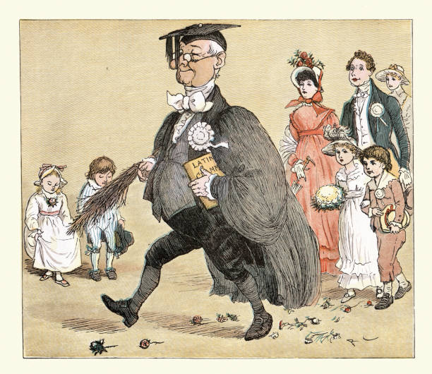 karykatura wiktoriańskiego nauczyciela szkolnego, dyrektora, 19th century education - senior adult book education english culture stock illustrations