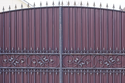 part of a brown metal gate with a black iron forged pattern on the street