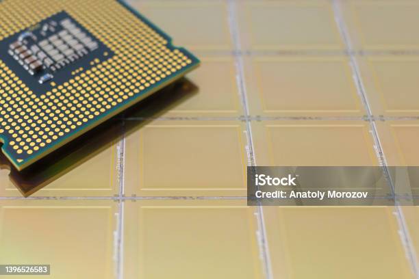 Silicon Types Cpu Computer Cpu Processor Chip On Yellow Surface Of Slicion Wafer Chip ...
