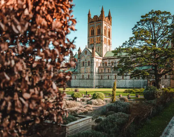 Buckfast Abbey covered by bush at the front