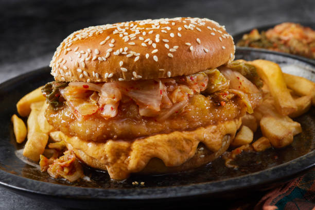 istock Sweet and Sour Crispy Fried Chicken Burger with Kimchi 1396532189