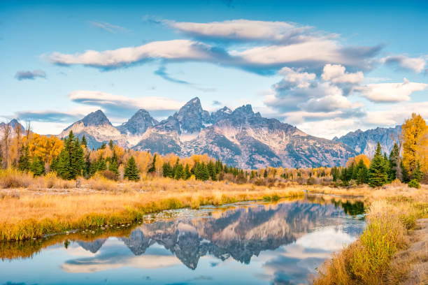 grand teton nationalpark reflexion morgen wyoming - snake river fotos stock-fotos und bilder