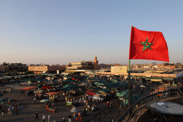 Jemaa el-Fnaa Square Market in Marrakesh, Morocco Marrakesh, Morocco - October 29, 2021: People in Jemaa el-Fnaa where main square of Marrakesh, used by locals and tourists djemma el fna square stock pictures, royalty-free photos & images