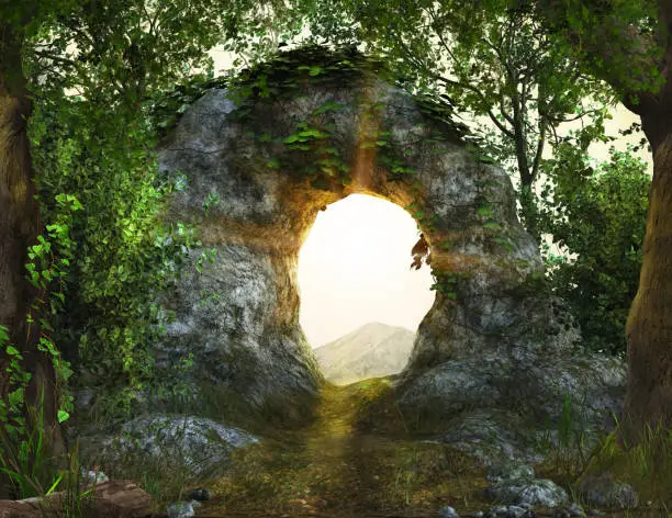 Stone path through a rock arch in a magical lush forest flanked by ivy covered trees, 3d render.