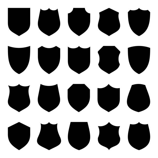 Set of various vintage shield icons. Black heraldic shields. Protection and security symbol, label. Vector illustration. Set of various vintage shield icons. Black heraldic shields. Protection and security symbol, label. Vector illustration ems logo stock illustrations