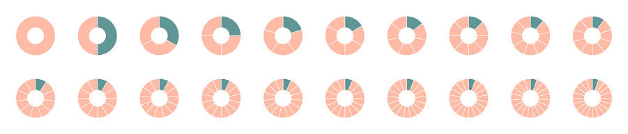 Circle section graph logo 12,3,6,20. Segment infographic. Pie chart icons. Wheel round diagram part symbol. Five phase, six circular cycle. Segment slice sign. Geometric element. Vector illustration.