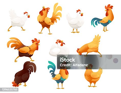 istock Set of adorable cock animal for farm agriculture hen rooster cartoon animal design vector illustration 1396535765