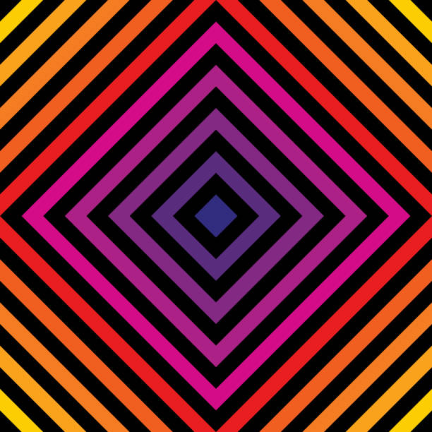 ilustrações de stock, clip art, desenhos animados e ícones de vector rainbow squares seamless pattern. 1980 - 1990’s style striped texture - spectrum concentric three dimensional shape light