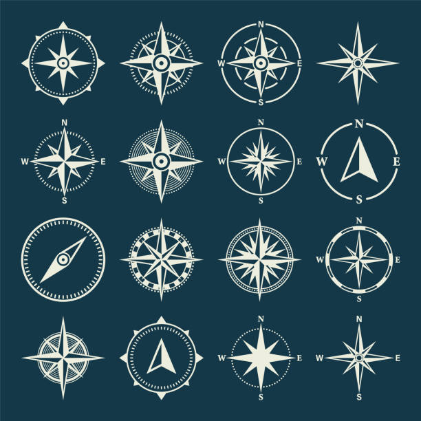 Vintage marine wind rose, nautical chart. Monochrome navigational compass with cardinal directions of North, East, South, West. Geographical position, cartography and navigation. Vector illustration. Vintage marine wind rose, nautical chart. Monochrome navigational compass with cardinal directions of North, East, South, West. Geographical position, cartography and navigation. Vector illustration Southern Star stock illustrations