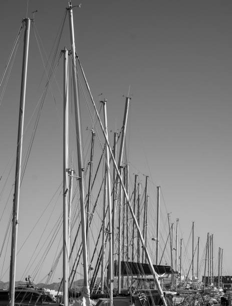 istock Boat masts in row in a sunny day.in Black and white. 1396541496