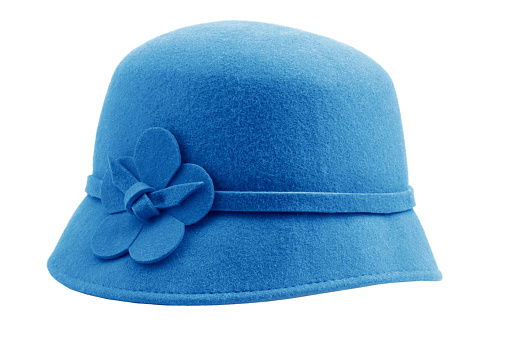 Blue felt cloche hat on a white background.