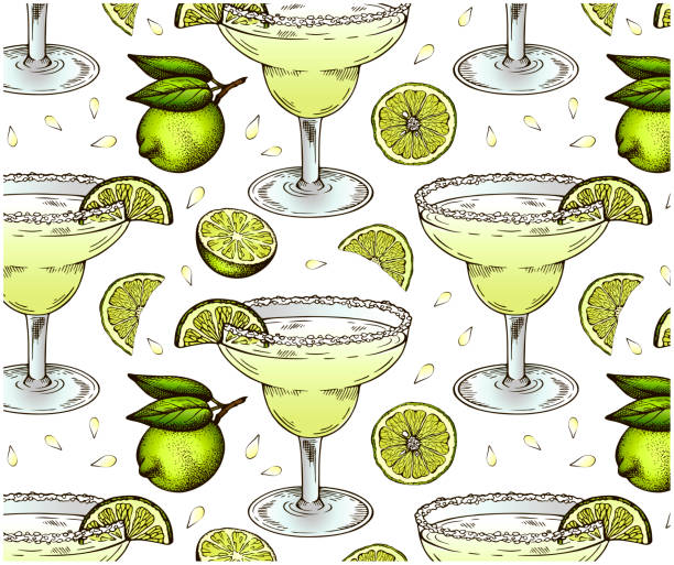 Sketch hand drawn pattern of Margarita cocktail in glass with a slice of green lime isolated on white background. Sketch hand drawn pattern of Margarita cocktail in glass with a slice of green lime isolated on white background. Drawing alcohol drink wallpaper. Summer bar menu, lemon beverage. Vector illustration. tequila slammer stock illustrations