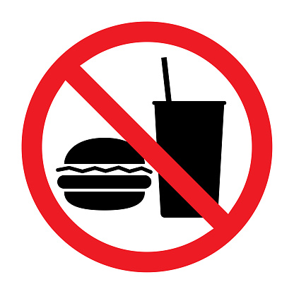 Vector illustration of a red no symbol on a black hamburger and drink.