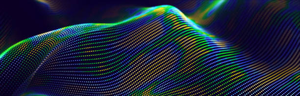 istock Particle stream. Blue wave background with many glowing particles. Information technology background. 3d rendering. 1396542755