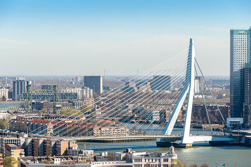Rotterdam skyline with a clear blue sky with the Erasmus bridge.