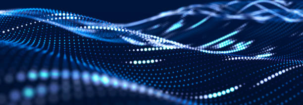 istock Particle stream. Blue background with many glowing particles. Information technology background. 3d rendering. 1396548221