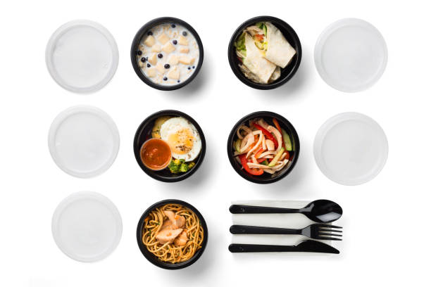 istock Business lunch in eco plastic container ready for delivery.Top view. Office Lunch boxes with food ready to go. Food takes away. Catering, breakfast 1396549880