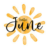 istock Hello June - Watercolor textured simple vector sun icon. Vector illustration, greeting card for beginning of summer, welcoming poster design. 1396552252