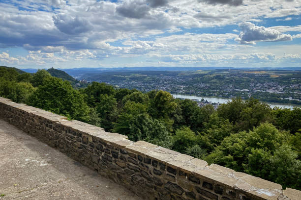Scenic view from Petersberg mountain at Siebengebirge mountain range in Germany overlooking river Rhine and Bad Godesberg