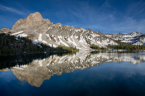 Beautiful alpine views of Alice Lake in the Sawtooth Mountains in United States, Idaho, Stanley