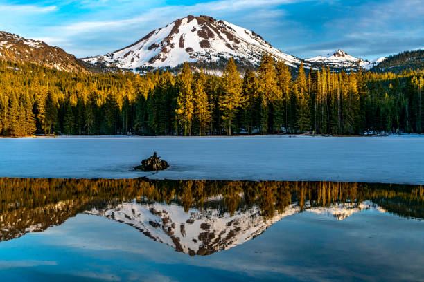 Lassen Peak and reflection in icy Manzanita Lake