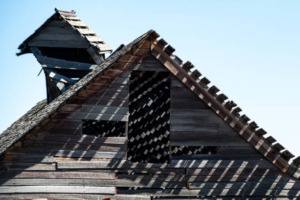 Dilapidated boards cast long shadows on a long forgotten barn in in United States, South Dakota, Custer