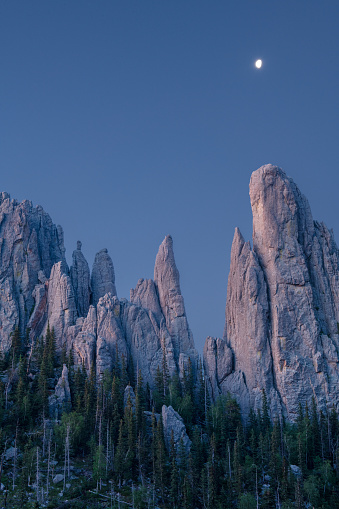 The moon sets as the massive spires of the Black Hills catch the in United States, South Dakota, Custer
