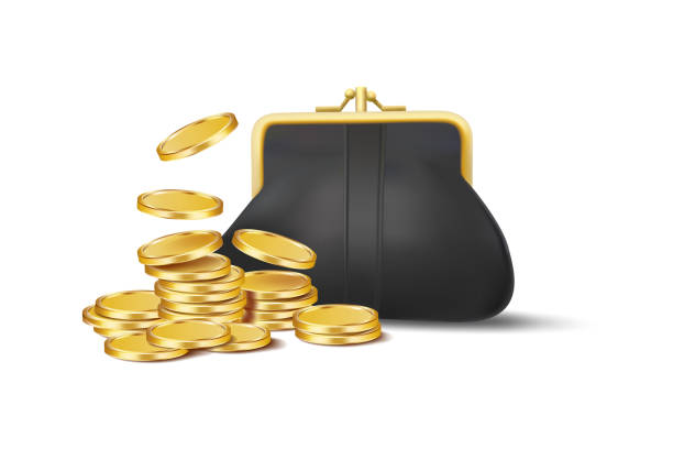 istock Round glossy gold coins lie next to a closed black wallet. Increase your earnings. Vector 3D illustration 1396556194