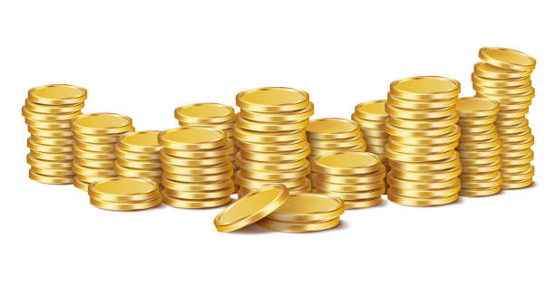 ilustrações, clipart, desenhos animados e ícones de quatorze colunas de moedas douradas redondas brilhantes em um fundo branco. aumente seus ganhos. ilustração 3d vetorial - coin currency stack gold