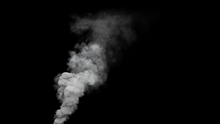 White heavy toxic smoke steam column on black bg, isolated - loop video